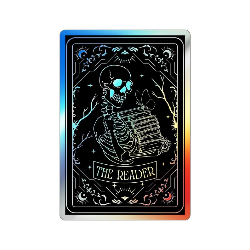 Holographic tarot card sticker featuring a skeleton holding a stack of books with a butterfly atop, surrounded by celestial stars and tree branches. Perfect for laptops, journals, water bottles, and scrapbooks. Ideal gift for readers and book lovers.