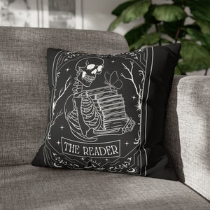 The Reader Skeleton Tarot Card Pillow Case Faux Suede Tarot Pillow Reading Pillow Goblincore Decor Book Lover Gift Book Worm Gift Book Nook