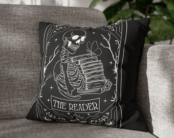The Reader Skeleton Tarot Card Pillow Case Faux Suede Tarot Pillow Reading Pillow Goblincore Decor Book Lover Gift Book Worm Gift Book Nook