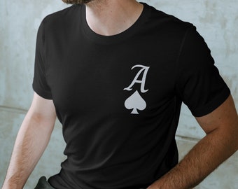 May include: A black t-shirt with a white ace of spades graphic on the left chest.