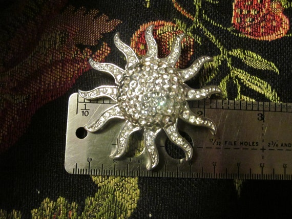 vintage silvertone sun pin with clear crystals - image 1
