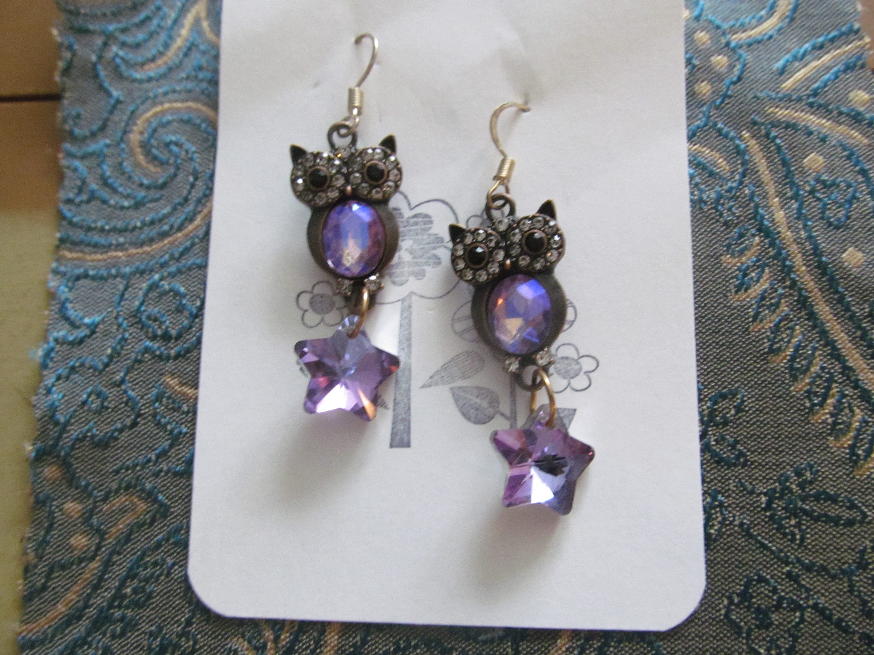 handmade lilac owl and lilac star earrings