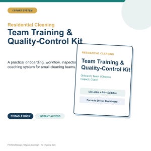Può includere: Un kit di formazione per team e controllo qualità per la pulizia residenziale con un sistema in 13 parti. Il documento include testo per l'onboarding, l'insegnamento, l'osservazione, l'ispezione e il coaching in formati US Letter e A4.