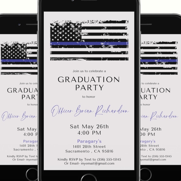 Police Graduation Digital Invitation | Blue and Grey Police Invite | Police Academy Editable Template Evite | Thin Blue Line Flag | Canva