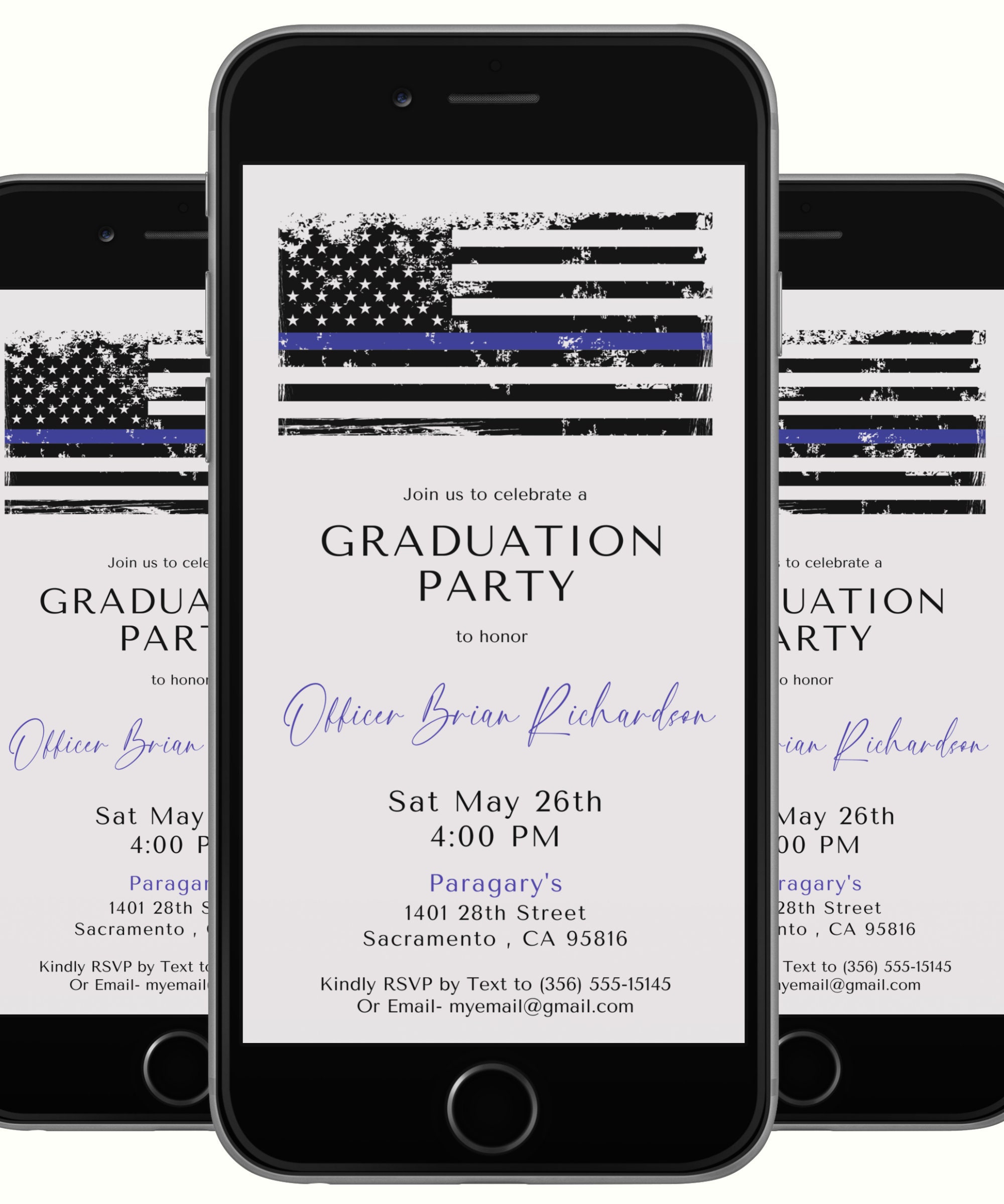 Police Graduation Digital Invitation | Blue and Grey Police Invite | Police Academy Editable Template Evite | Thin Blue Line Flag | Canva