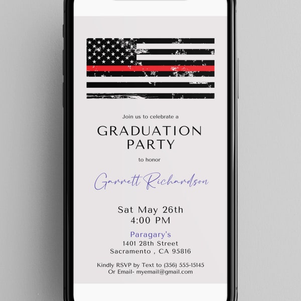 Fireman Graduation Party Invitation | Fireman Graduation Evite | Thin Red Line Flag | Firefighter Graduation | Firefighter Grad |