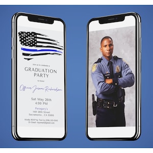 Police Graduation Digital Invitation | Blue and Grey Police Invite | Police Academy Editable Template Evite | Thin Blue Line Flag | Canva