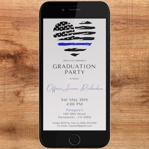 Digital Police Graduation Party Invite | Thin Blue Line Heart Flag Invitation | Editable Template | Graduation Party Evite