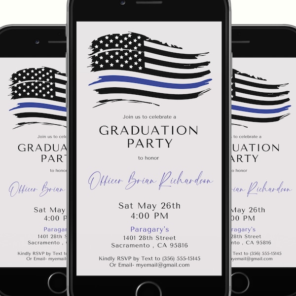 Police Graduation Digital Invitation | Blue and Grey Police Invite | Police Academy Editable Template Evite | Thin Blue Line Flag | Canva