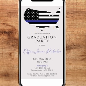 Blue and Grey Digital Police Graduation Invitation | Thin Blue Line Flag Invite | Police Academy Graduation Evite | Editable Invite