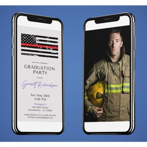 Fireman Graduation Party Invitation | Fire Graduation | Fireman Graduation Evite | Thin Red Line Flag | Firefighter Grad | Canva Template