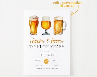 Cheers and Beers to 50 Years Invitation Template | Adult Birthday Canva Template | Customizable Instant Download