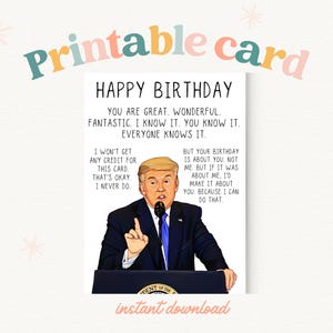 Cartão de aniversário de desenho animado sarcástico de Trump PARA IMPRIMIR | Saudação engraçada de paródia de Trump | Cartão de aniversário político bem-humorado | PDF exclusivo de aniversário de Trump