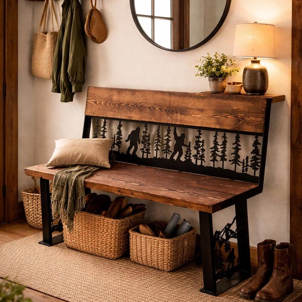 Rustic Bigfoot Forest Bench – Wood Metal Sasquatch Silhouette Cabin Seating