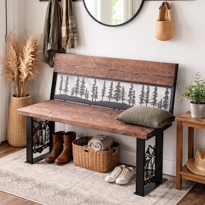Rustic Wood Metal Forest Bench – Cabin Lodge Entryway Seating