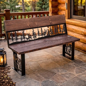 Rustic Wood & Metal Deer Bench – Forest Wildlife Art Seating, Lodge Patio Furniture