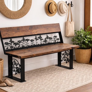 Rustic Wood Butterfly Garden Bench – Metal Art Flower Furniture, Patio Seating, Yard Decor