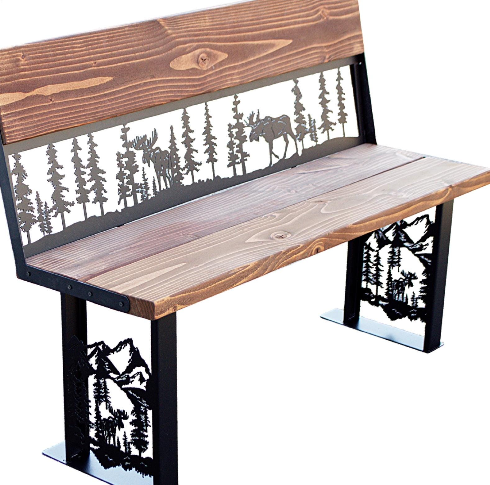 Moose Racing Bench Rustic Wood Moose Forest Metal Art Bench – Lodge Wildlife Seating ...