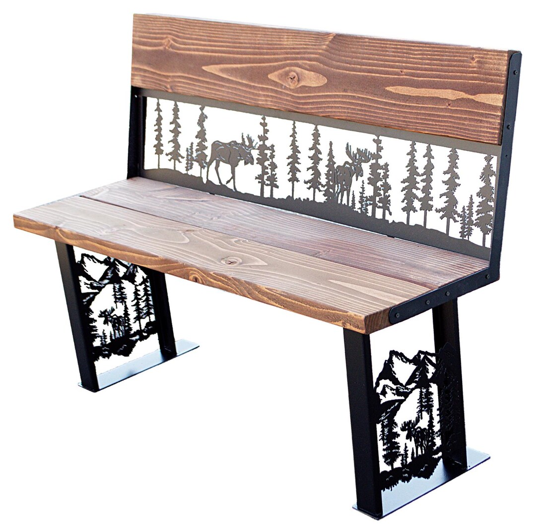 Moose Racing Bench Rustic Wood & Metal Moose Bench – Cabin Furniture, Outdoor Forest Bench ...