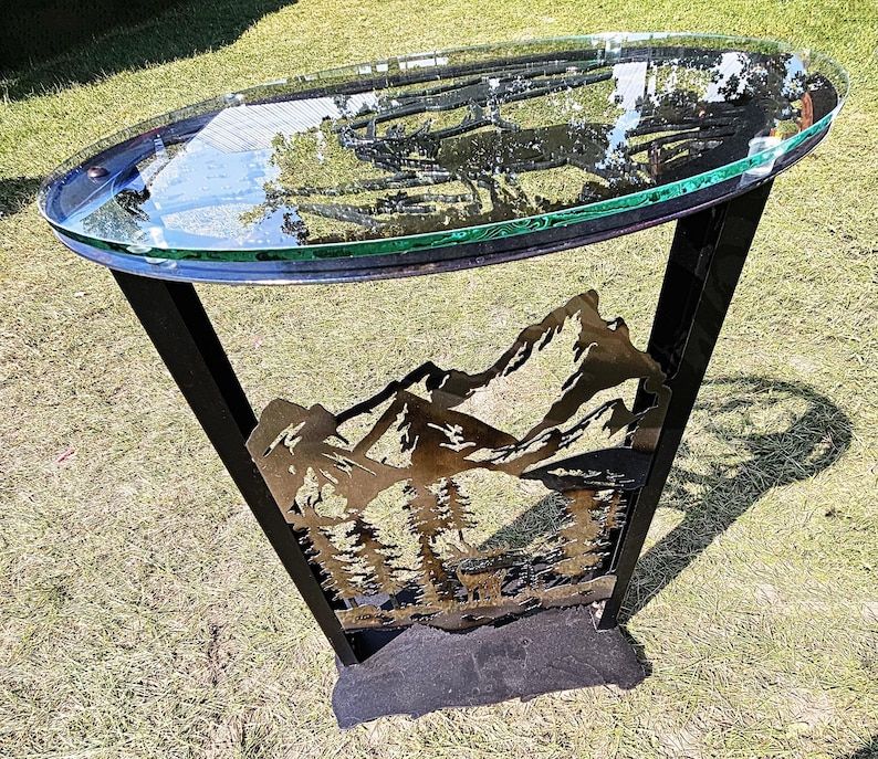 Rustic Elk & Mountain Metal Accent Table - Etsy