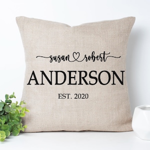 Personalized Couples Name with EST date throw pillow, Wedding Gift Throw Pillow, Anniversary Bridal Shower Engagement Gift 16x16 Linen