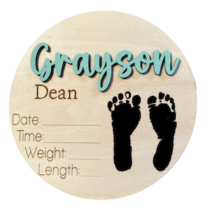 Personalized Birth Announcement sign with Stats and Footprints, Custom Baby Name Hospital Photo Prop, 25  Font Options, 30 Colors