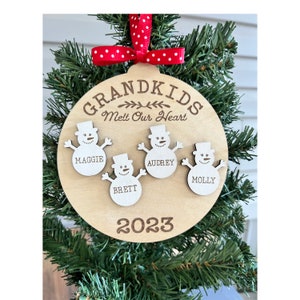 Personalized Grandkids Snowman Ornament, Engraved Wooden Christmas Gift