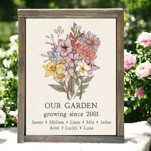 Personalized Vintage Birth Flower Family Print, Grandma&#39;s Garden, Family name Long Distance  Grandparent Mother&#39;s Day gift multiple sizes