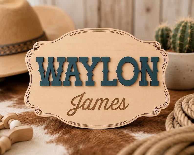 Waylon In Cursive Western Belt Buckle Baby Name Sign – Custom Cowboy Photo Prop & Nursery ...