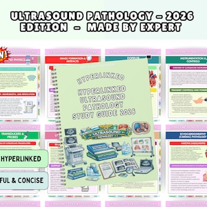 Könnte beinhalten: Ein spiralgebundener Studienführer mit dem Titel Hyperlinked Ultrasound Pathology Study Guide 2026 mit hellgrünem Einband, der Illustrationen von Ultraschallgeräten, anatomischen Diagrammen und klinischen Dokumenten vor einem Seitenhintergrund zeigt.