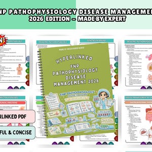 Peut inclure: Un cahier vert à spirales intitulé "FNP Pathophysiology Disease Management 2026" avec une illustration d'infirmière de dessin animé. Autour du cahier, des guides d'étude colorés avec des schémas médicaux et le texte "Hyperlinked PDF" et "Colorful & Concise".