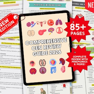 Op de afbeelding: Een tablet toont een "Uitgebreide CEN Review Guide 2026" met medische illustraties en de tekst "85+ PAGINA'S". Een rood label luidt "NIEUWE EDITIE".