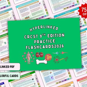 May include: A green digital cover for CRCST 9th Edition practice flashcards 2026, featuring a hyperlinked PDF format with 100+ colorful cards. The design includes anatomical illustrations of a human body, kidneys, a bone, and a neuron cell.