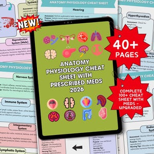 May include: Anatomy and Physiology Cheat Sheet with Prescribed Meds 2026. The image shows a tablet displaying a green screen with colorful anatomical illustrations and the text "40+ PAGES" and "COMPLETE 100+ CHEAT SHEET WITH MEDS - UPGRADED".