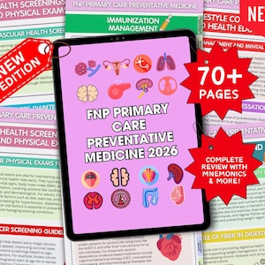 Könnte beinhalten: Ein digitales Tablet zeigt "FNP Primary Care Preventative Medicine 2026" mit medizinischen Symbolen. Rote Etiketten zeigen "Neue Ausgabe" und "70+ Seiten". Ein Etikett besagt "Komplette Überprüfung mit Merksätzen & mehr!"