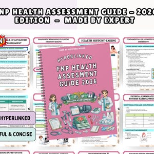 Könnte beinhalten: Ein pinkfarbenes, spiralgebundenes FNP Health Assessment Guide 2026 Edition mit dem Text "Made by Expert". Das Cover zeigt Illustrationen von medizinischen Werkzeugen und Fachleuten. Zusätzlicher Text lautet "Fully Hyperlinked" und "Colorful & Concise."