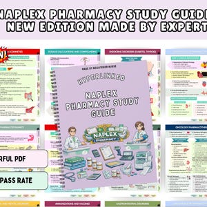 Puede incluir: Una guía de estudio de farmacia NAPLEX encuadernada en espiral con una cubierta de color púrpura claro que muestra ilustraciones de farmacéuticos, equipo médico y pastillas. El texto dice Hyperlinked NAPLEX Pharmacy Study Guide. El fondo muestra páginas de estudio.