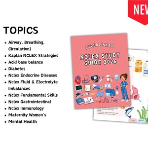 May include: A digital NCLEX study guide 2026 with a pink cover featuring medical illustrations and the text Hyperlinked NCLEX Study Guide 2026. A list of topics includes Airway, Breathing, Circulation, Kaplan NCLEX Strategies, and Mental Health.