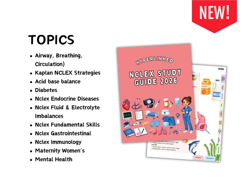 May include: A digital NCLEX study guide 2026 with a pink cover featuring medical illustrations and the text Hyperlinked NCLEX Study Guide 2026. A list of topics includes Airway, Breathing, Circulation, Kaplan NCLEX Strategies, and Mental Health.