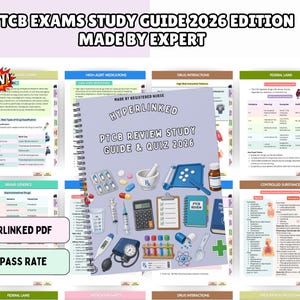 Peut inclure: Un guide d'étude PTCB Review Study Guide & Quiz 2026 à reliure spirale avec une couverture violet clair illustrée d'outils médicaux comme un mortier, un pilon, une calculatrice, des seringues et des pilules, entouré de pages de cours de pharmacie.