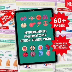Puede incluir: Una tableta digital muestra una guía de estudio de flebotomía con el título "Hyperlinked Phlebotomy Study Guide 2026". La pantalla presenta ilustraciones médicas y el texto "60+ Pages" y "Complete Review with 10+ Topics!". Una etiqueta roja "New Edition" es visible.