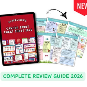 May include: A digital tablet displaying a red cover titled Hyperlinked Cancer Study Cheat Sheet 2026, accompanied by several printed pages of medical study notes featuring diagrams, text, and a red banner in the corner with the text NEW! and COMPLETE REVIEW GUIDE 2026.