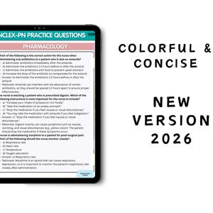 May include: A digital tablet displaying NCLEX-PN practice questions on pharmacology with multiple-choice answers and rationales. The screen features a teal header, a pink sub-header, and black text. To the right, the text reads COLOURFUL & CONCISE NEW VERSION 2026.