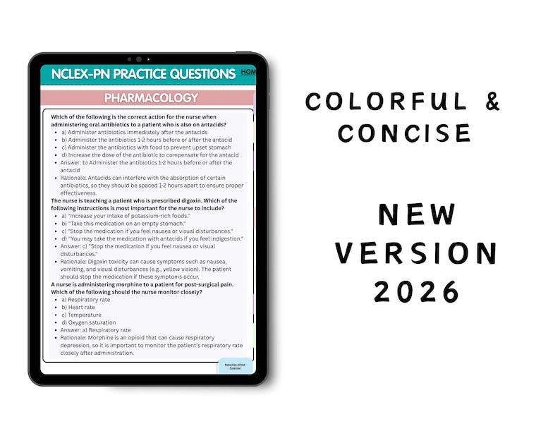 May include: A digital tablet displaying NCLEX-PN practice questions on pharmacology with multiple-choice answers and rationales. The screen features a teal header, a pink sub-header, and black text. To the right, the text reads COLOURFUL & CONCISE NEW VERSION 2026.