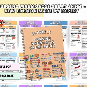 May include: A spiral-bound nursing mnemonics cheat sheet with a tan cover featuring colorful illustrations and text including ABCDE, Diabetes, Hypertension, and MOMA. The background displays multiple pages of medical study notes.