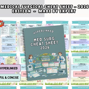 Peut inclure: Un aide-mémoire médical et chirurgical 2026 à reliure spirale avec une couverture gris foncé illustrée de professionnels de santé et d'équipement. Le texte indique Hyperlinked Med Surg Cheat Sheet 2026. Les pages en arrière-plan montrent des tableaux médicaux colorés.