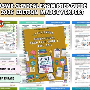 May include: A spiral-bound ASWB Clinical Exam Prep Guide & Quiz 2026 with a brown cover featuring illustrations of books, a brain, a lightbulb, a scale, and a mug. The text reads ASWB CLINICAL EXAM PREP GUIDE & QUIZ 2026 and MADE BY REGISTERED NURSE.