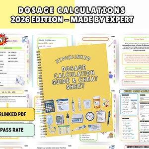 Könnte beinhalten: Ein spiralgebundener digitaler Leitfaden mit dem Titel Hyperlinked Dosage Calculation Guide & Cheat Sheet. Das Cover zeigt Illustrationen eines Taschenrechners, Spritzen, eines Messbechers, einer Pillendose, einer Uhr, eines Klemmbretts, eines Stifts und eines Thermometers.