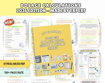 Könnte beinhalten: Ein spiralgebundener digitaler Leitfaden mit dem Titel Hyperlinked Dosage Calculation Guide & Cheat Sheet. Das Cover zeigt Illustrationen eines Taschenrechners, Spritzen, eines Messbechers, einer Pillendose, einer Uhr, eines Klemmbretts, eines Stifts und eines Thermometers.