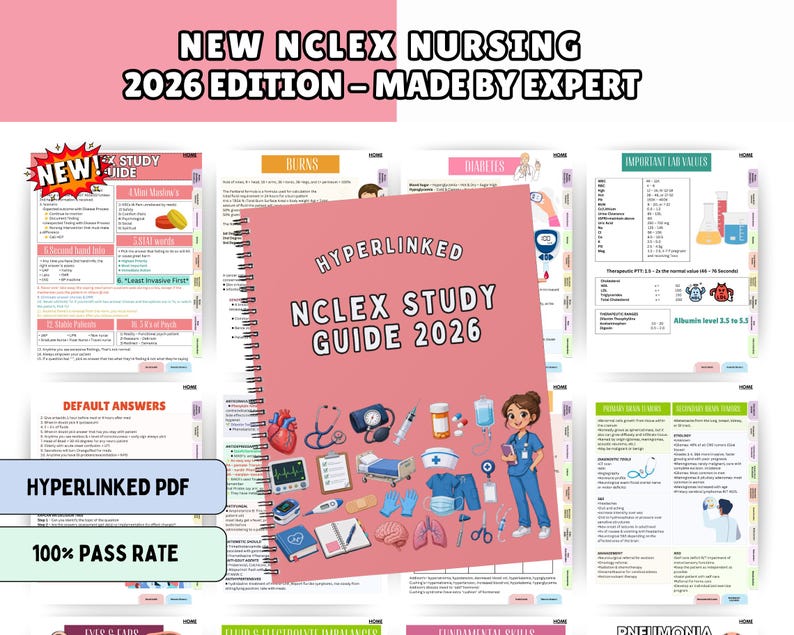 May include: A spiral-bound NCLEX study guide 2026 with a pink cover featuring medical illustrations of a heart, stethoscope, blood pressure cuff, syringe, pills, IV bag, nurse, and other supplies. The text reads NEW NCLEX NURSING 2026 EDITION - MADE BY EXPERT.